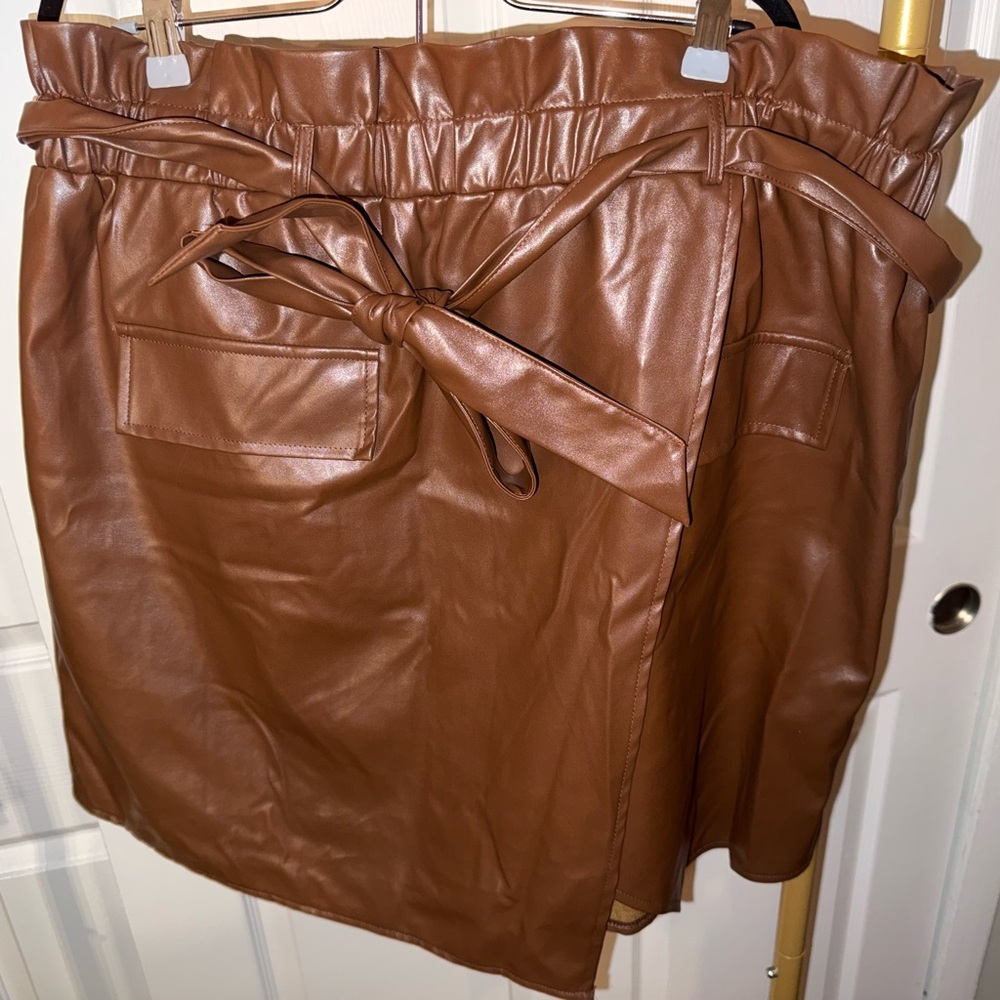 Brown Faux Leather Asymmetrical Paperbag Waist Mini Skirt